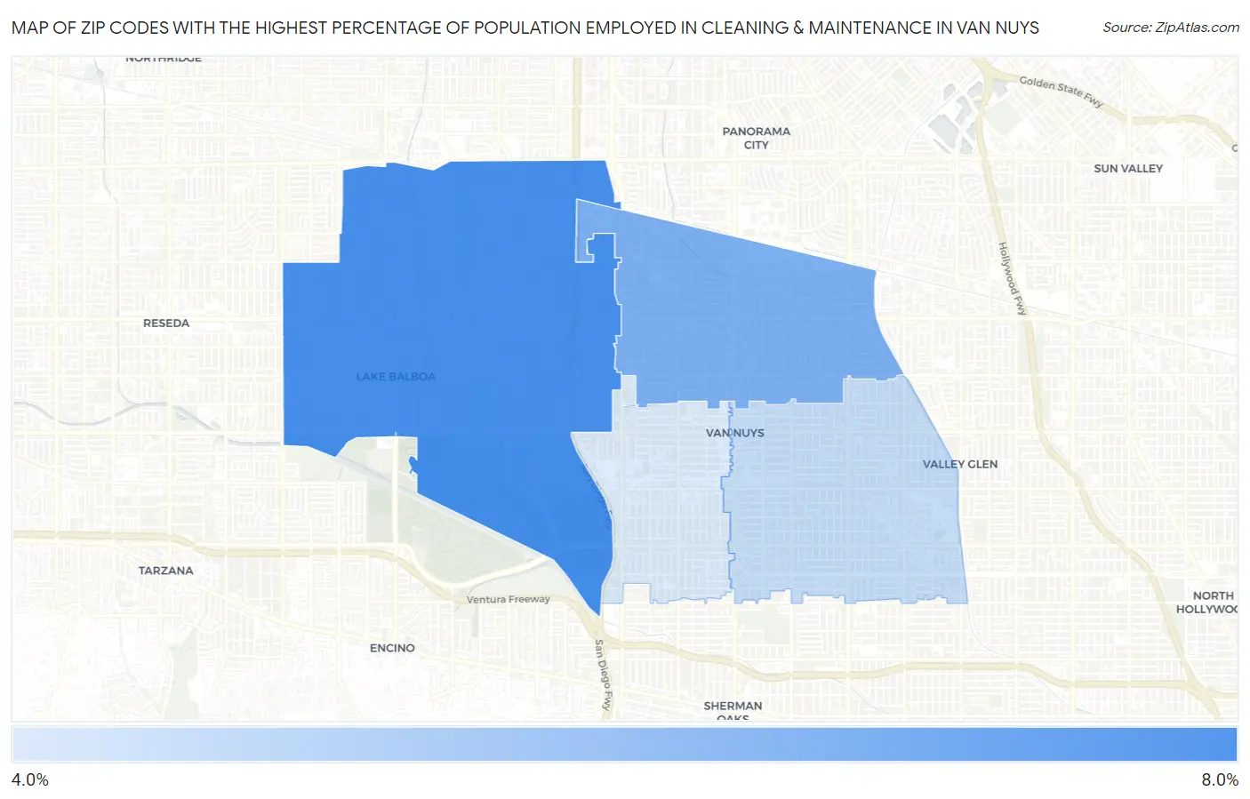 Zip Codes with the Highest Percentage of Population Employed in Cleaning & Maintenance in Van Nuys Map