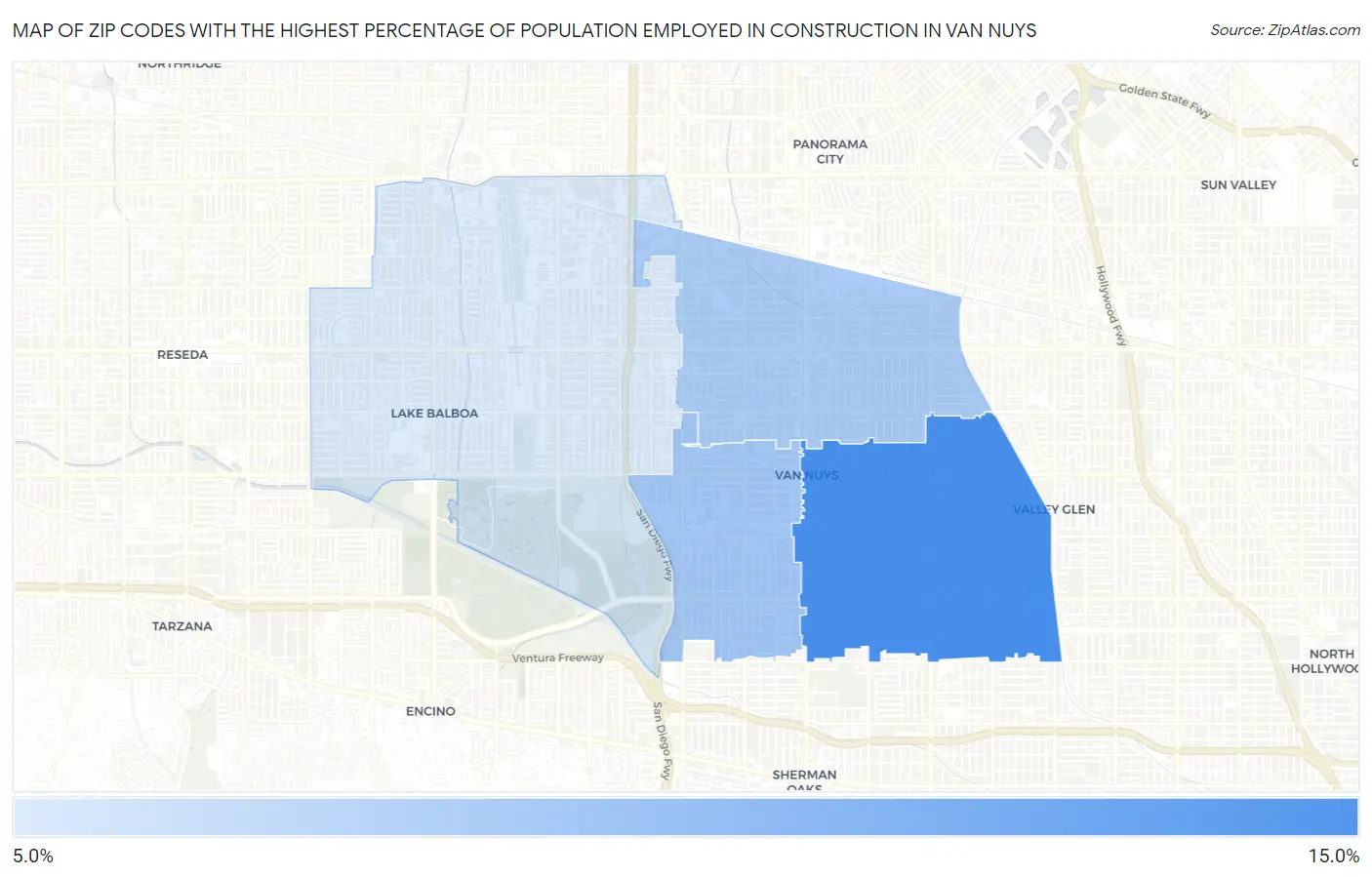 Zip Codes with the Highest Percentage of Population Employed in Construction in Van Nuys Map