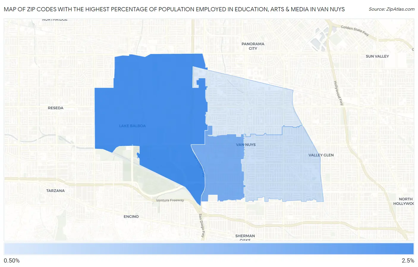 Zip Codes with the Highest Percentage of Population Employed in Education, Arts & Media in Van Nuys Map