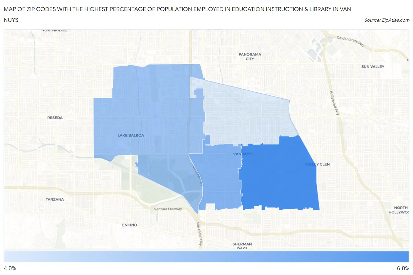 Zip Codes with the Highest Percentage of Population Employed in Education Instruction & Library in Van Nuys Map