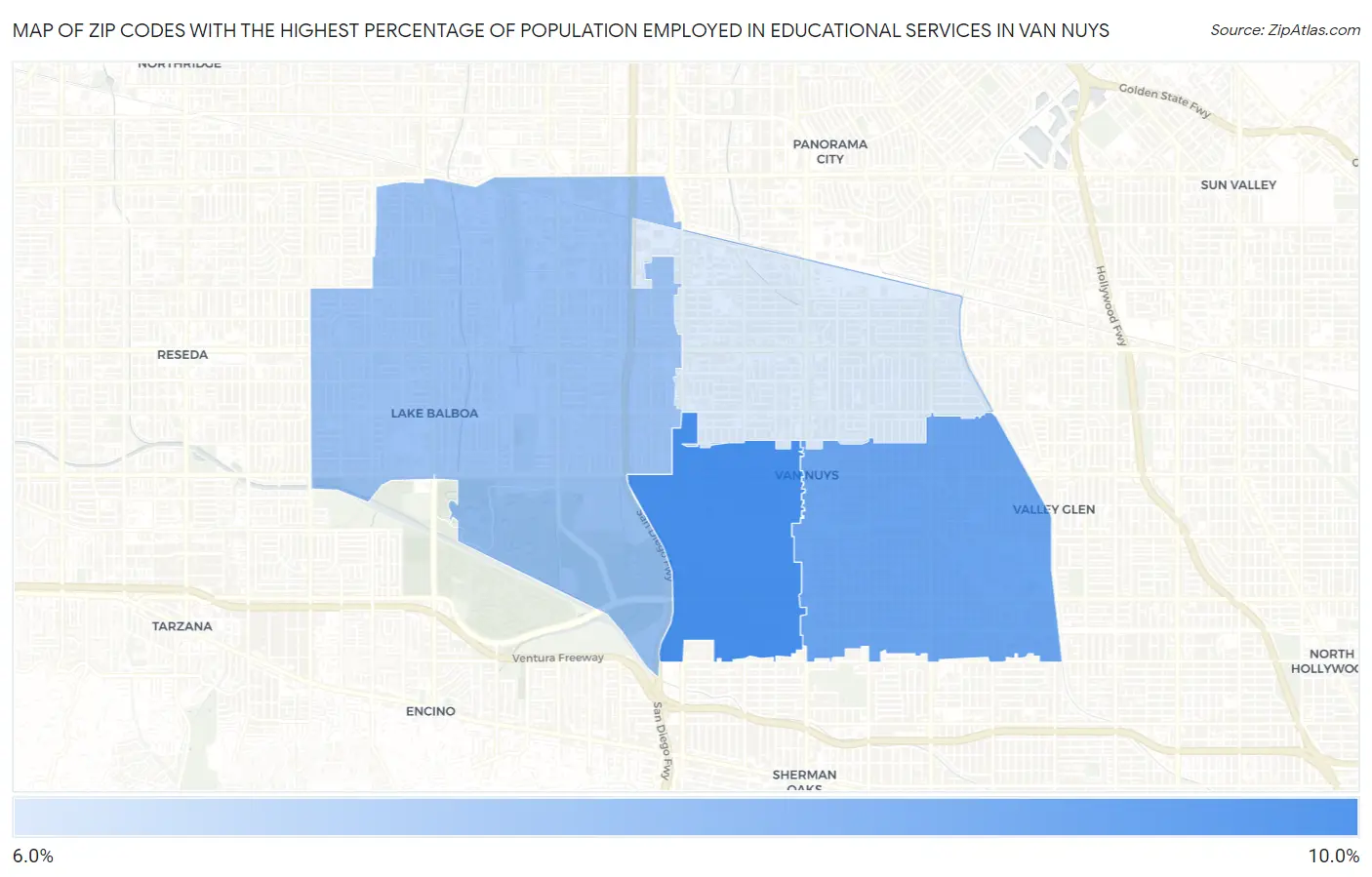 Zip Codes with the Highest Percentage of Population Employed in Educational Services in Van Nuys Map