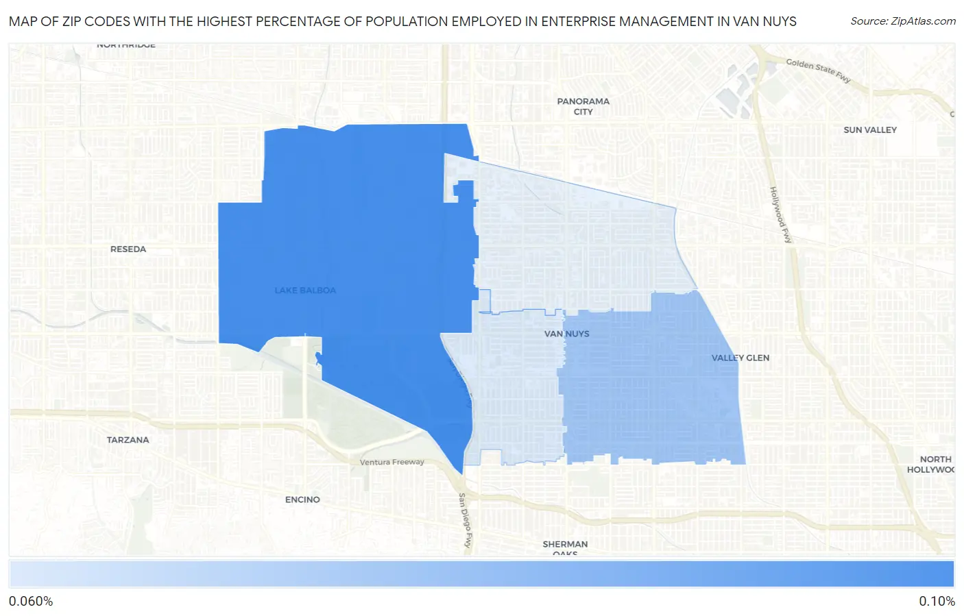 Zip Codes with the Highest Percentage of Population Employed in Enterprise Management in Van Nuys Map