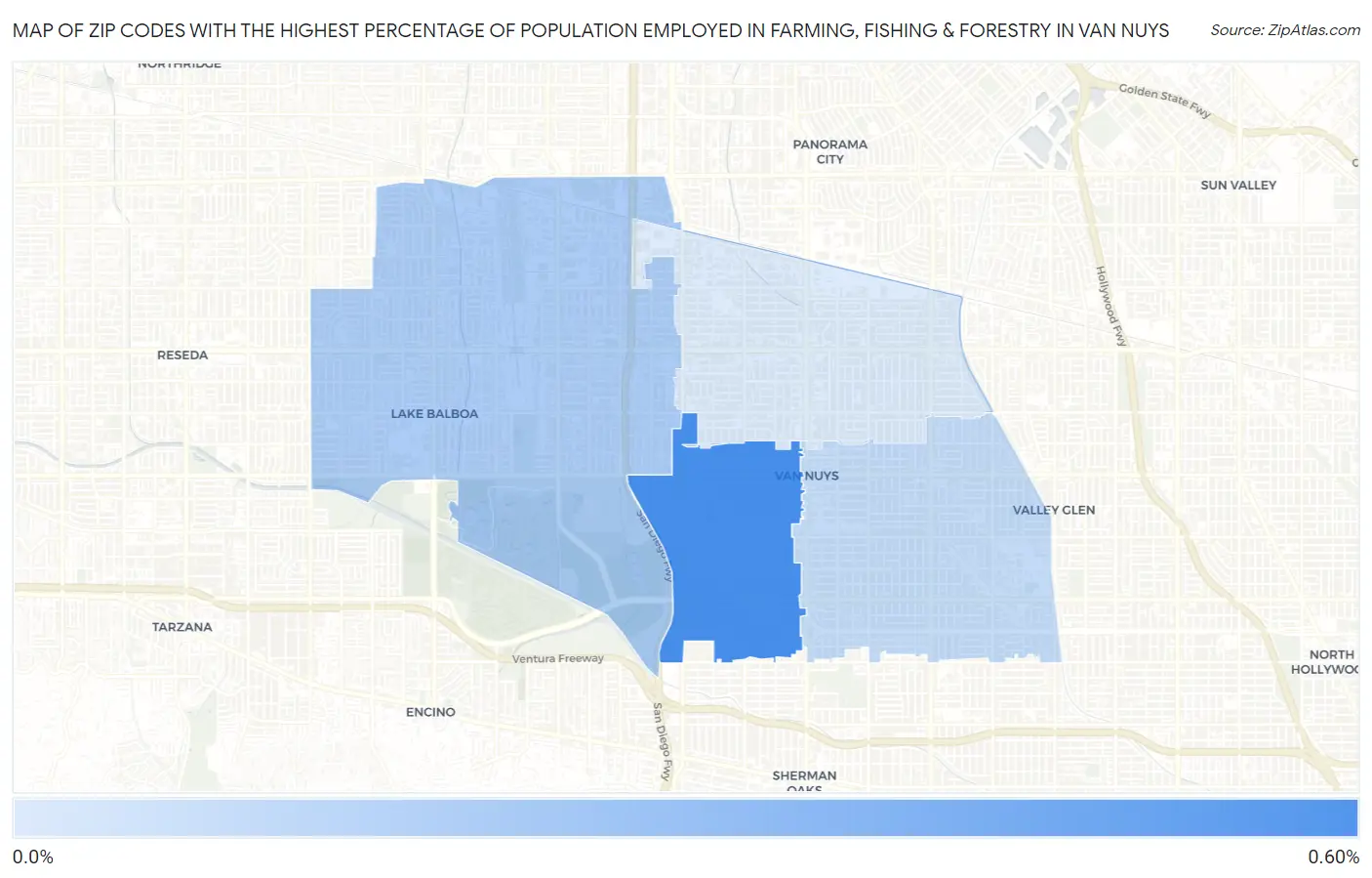 Zip Codes with the Highest Percentage of Population Employed in Farming, Fishing & Forestry in Van Nuys Map