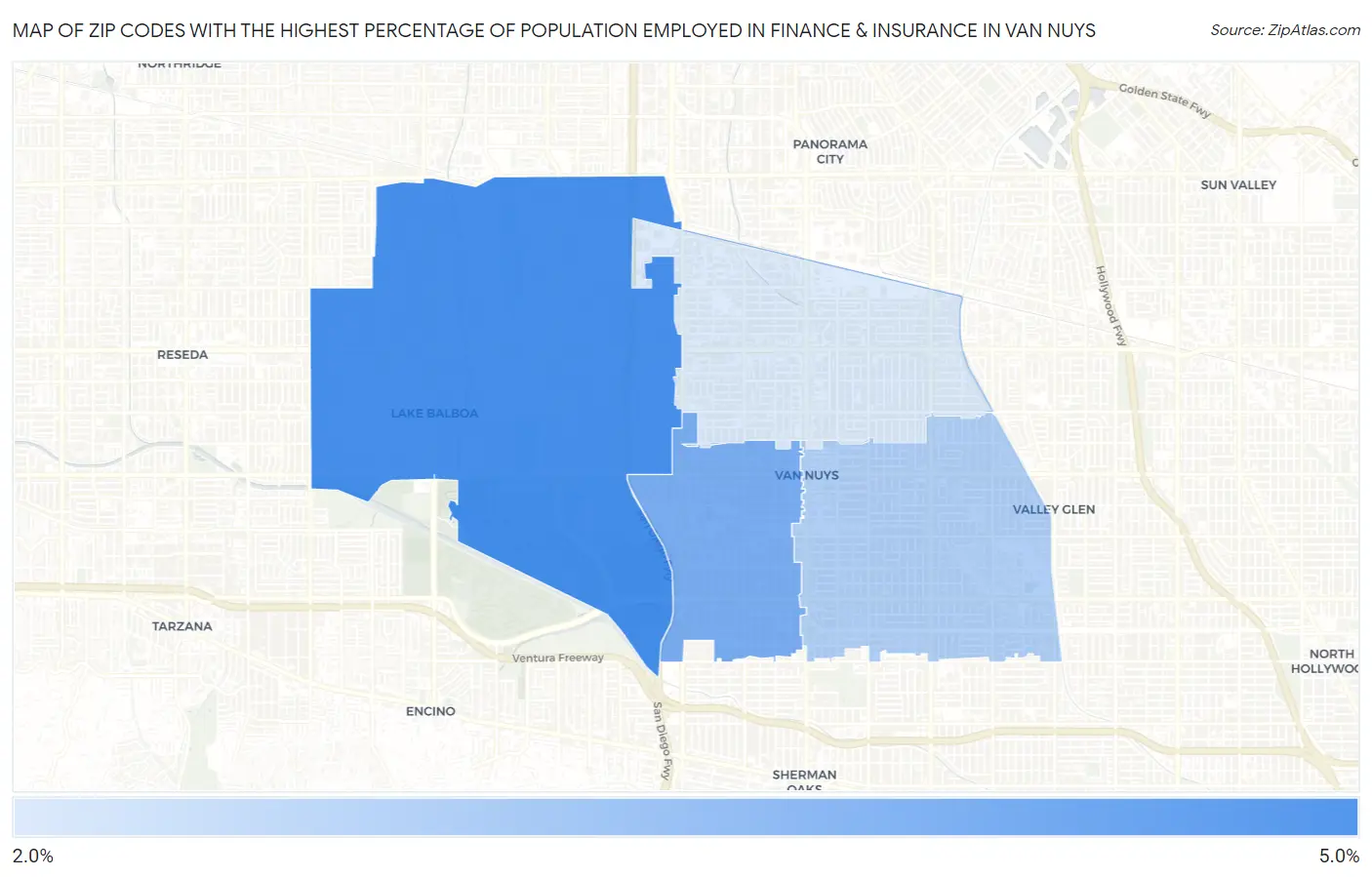 Zip Codes with the Highest Percentage of Population Employed in Finance & Insurance in Van Nuys Map