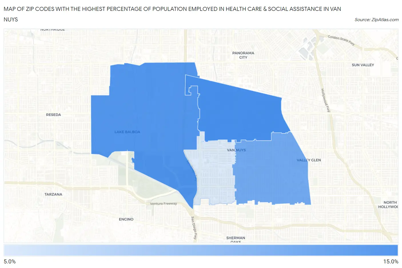 Zip Codes with the Highest Percentage of Population Employed in Health Care & Social Assistance in Van Nuys Map