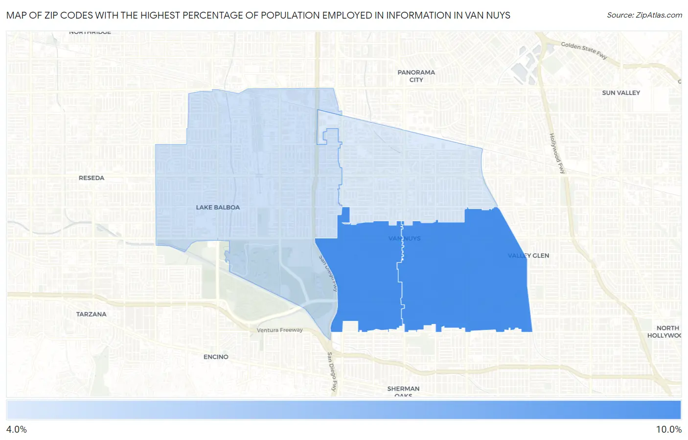 Zip Codes with the Highest Percentage of Population Employed in Information in Van Nuys Map