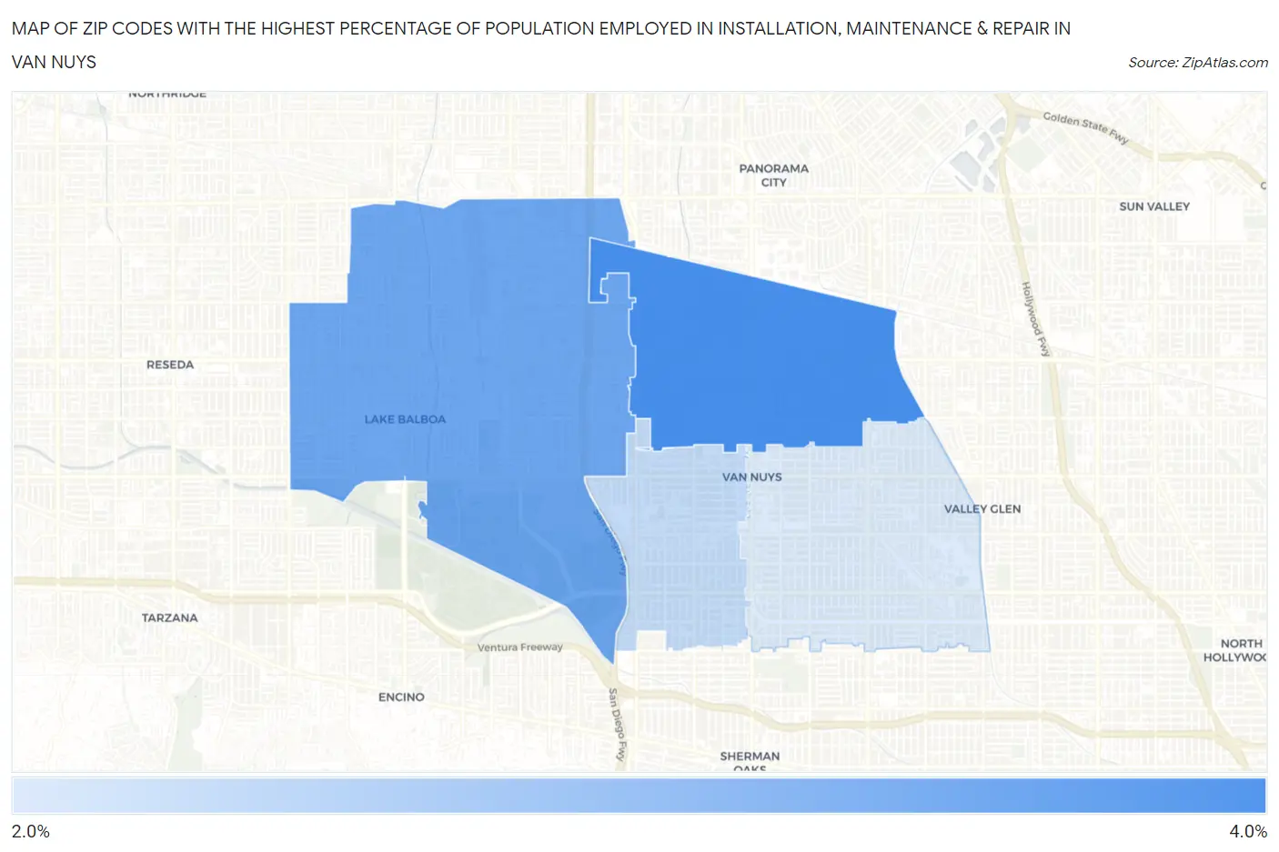 Zip Codes with the Highest Percentage of Population Employed in Installation, Maintenance & Repair in Van Nuys Map
