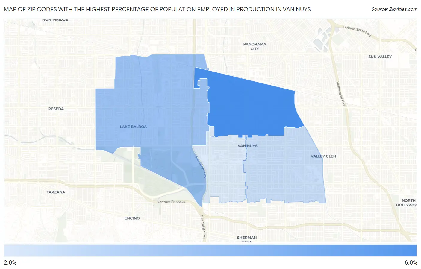 Zip Codes with the Highest Percentage of Population Employed in Production in Van Nuys Map