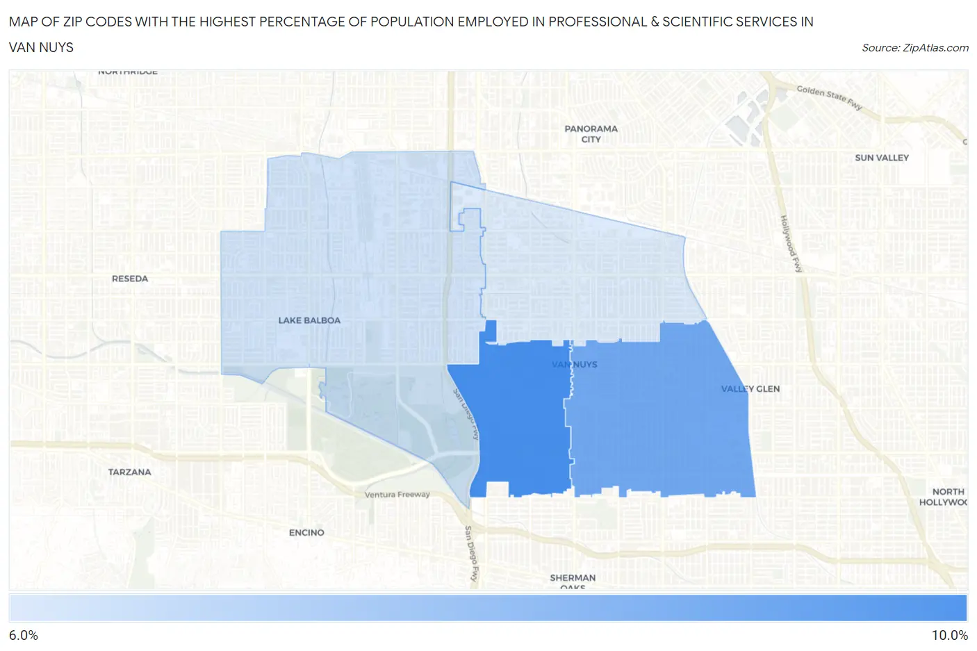 Zip Codes with the Highest Percentage of Population Employed in Professional & Scientific Services in Van Nuys Map