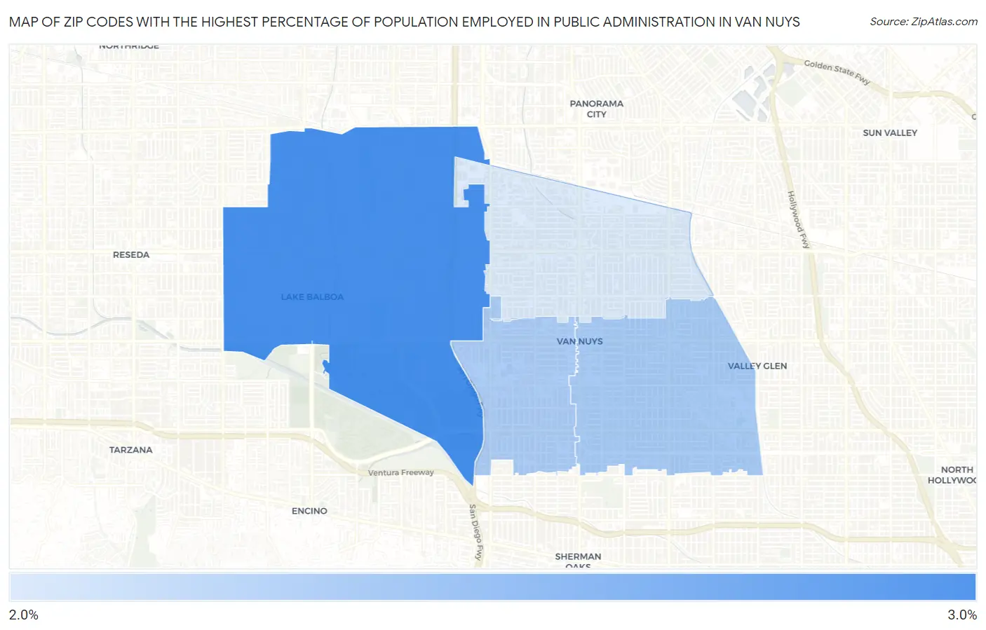Zip Codes with the Highest Percentage of Population Employed in Public Administration in Van Nuys Map