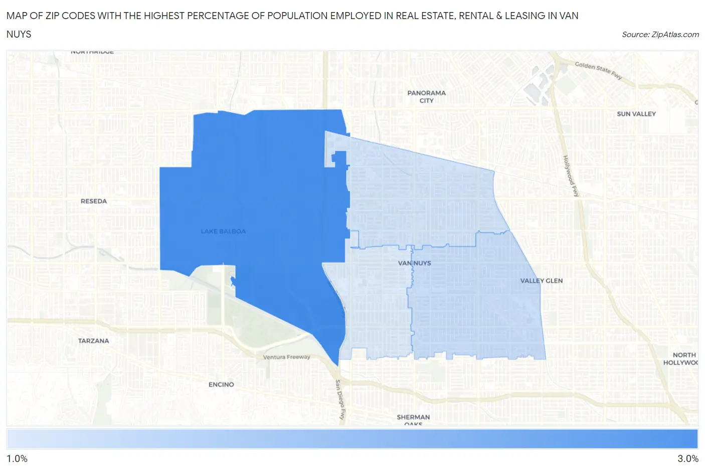 Zip Codes with the Highest Percentage of Population Employed in Real Estate, Rental & Leasing in Van Nuys Map