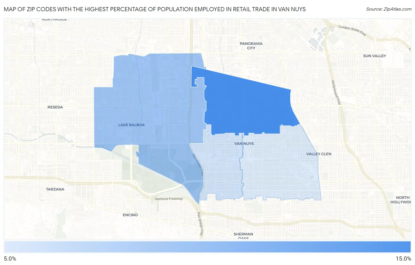 Zip Codes with the Highest Percentage of Population Employed in Retail Trade in Van Nuys Map