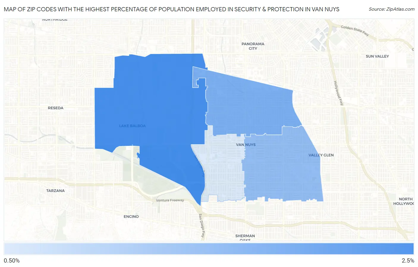 Zip Codes with the Highest Percentage of Population Employed in Security & Protection in Van Nuys Map