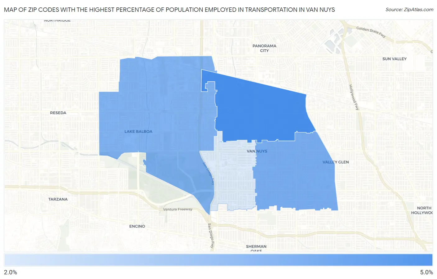 Zip Codes with the Highest Percentage of Population Employed in Transportation in Van Nuys Map