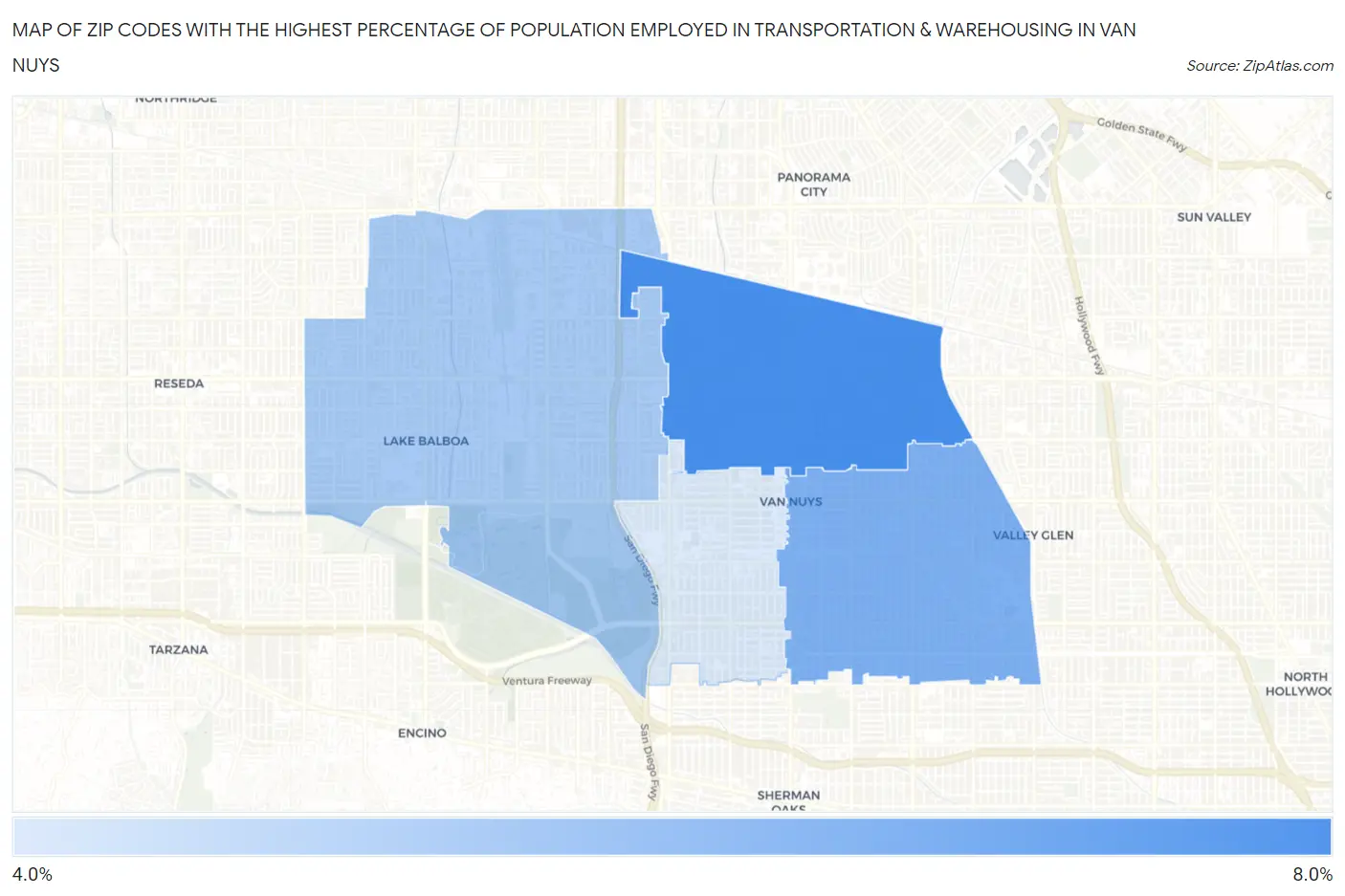 Zip Codes with the Highest Percentage of Population Employed in Transportation & Warehousing in Van Nuys Map