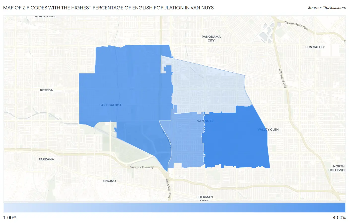 Zip Codes with the Highest Percentage of English Population in Van Nuys Map