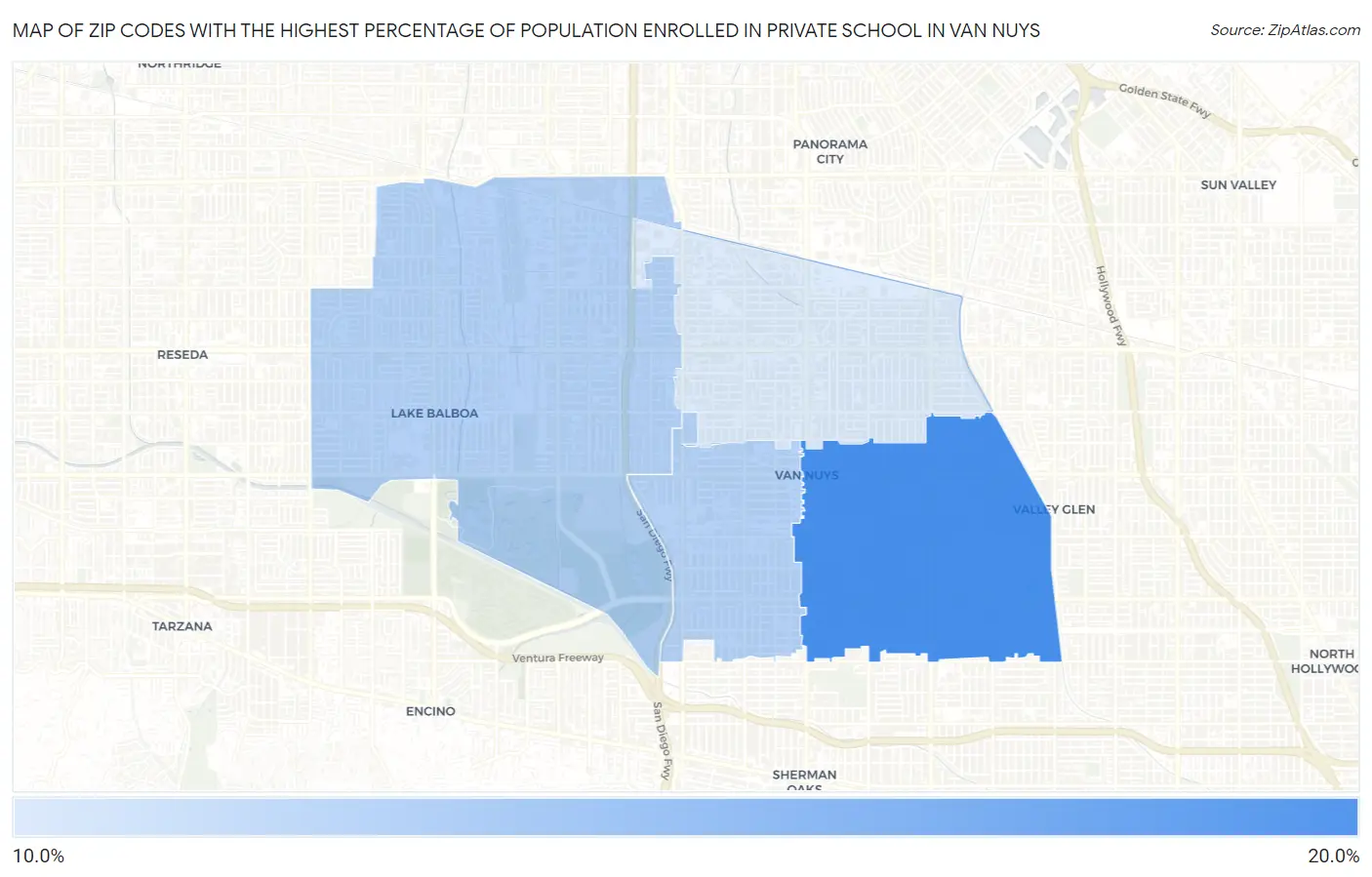 Zip Codes with the Highest Percentage of Population Enrolled in Private School in Van Nuys Map