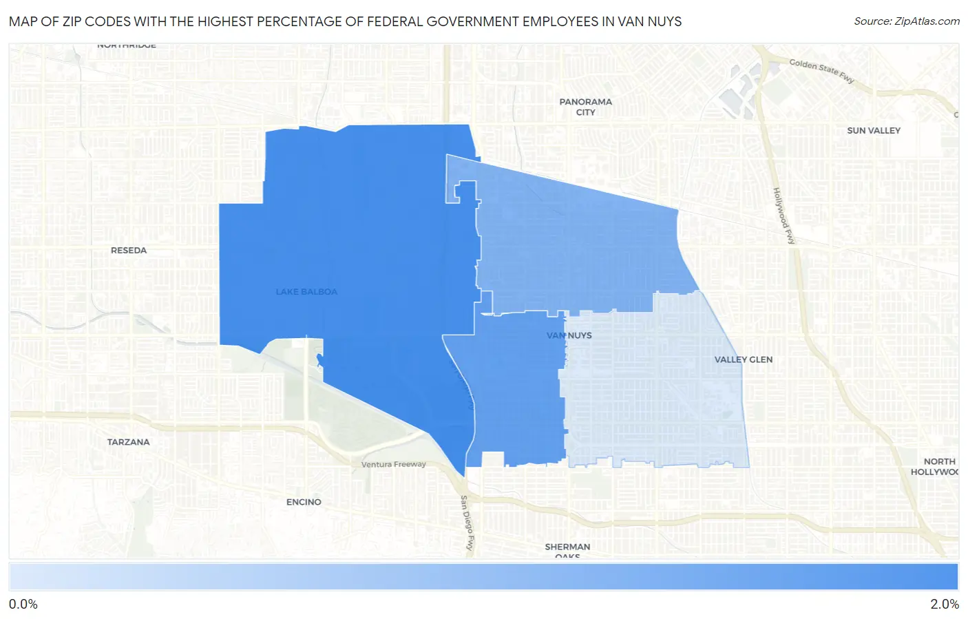 Zip Codes with the Highest Percentage of Federal Government Employees in Van Nuys Map