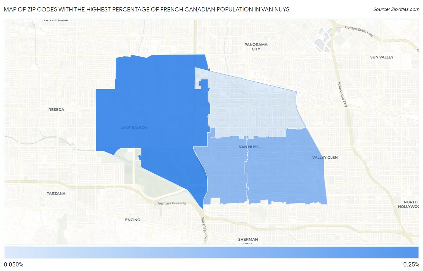 Zip Codes with the Highest Percentage of French Canadian Population in Van Nuys Map