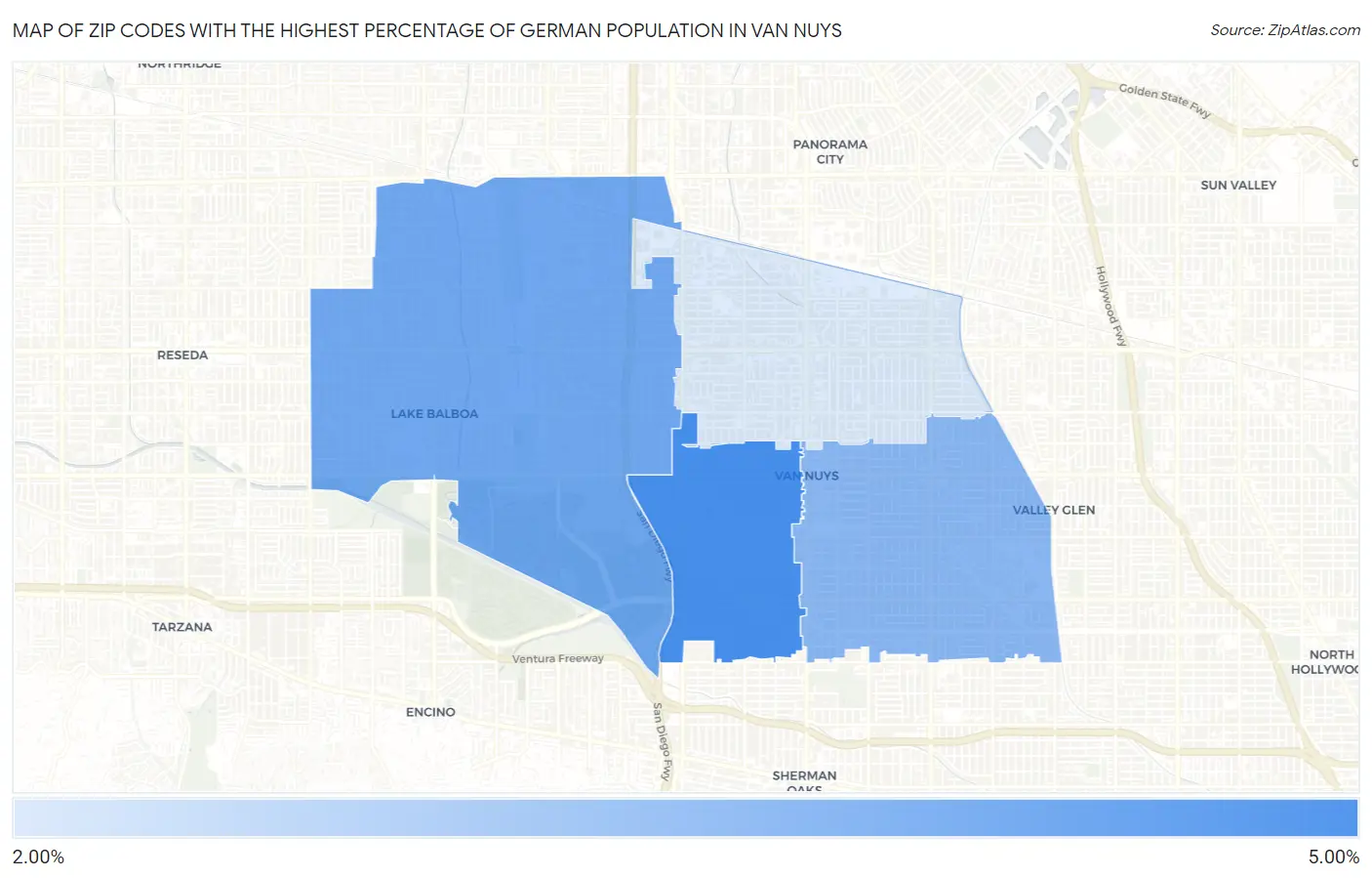 Zip Codes with the Highest Percentage of German Population in Van Nuys Map