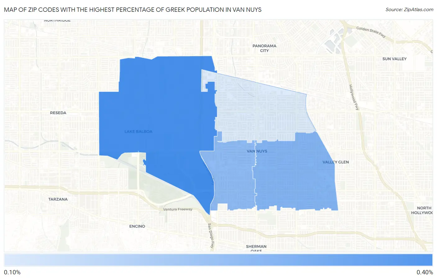 Zip Codes with the Highest Percentage of Greek Population in Van Nuys Map