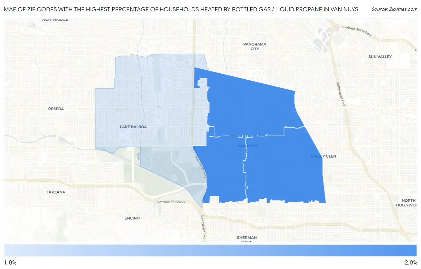 Zip Codes with the Highest Percentage of Households Heated by Bottled Gas / Liquid Propane in Van Nuys Map