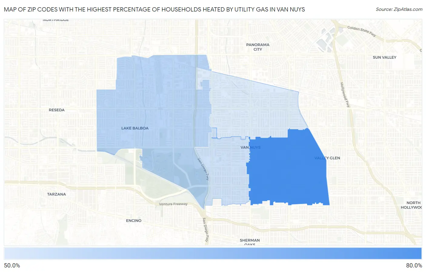 Zip Codes with the Highest Percentage of Households Heated by Utility Gas in Van Nuys Map