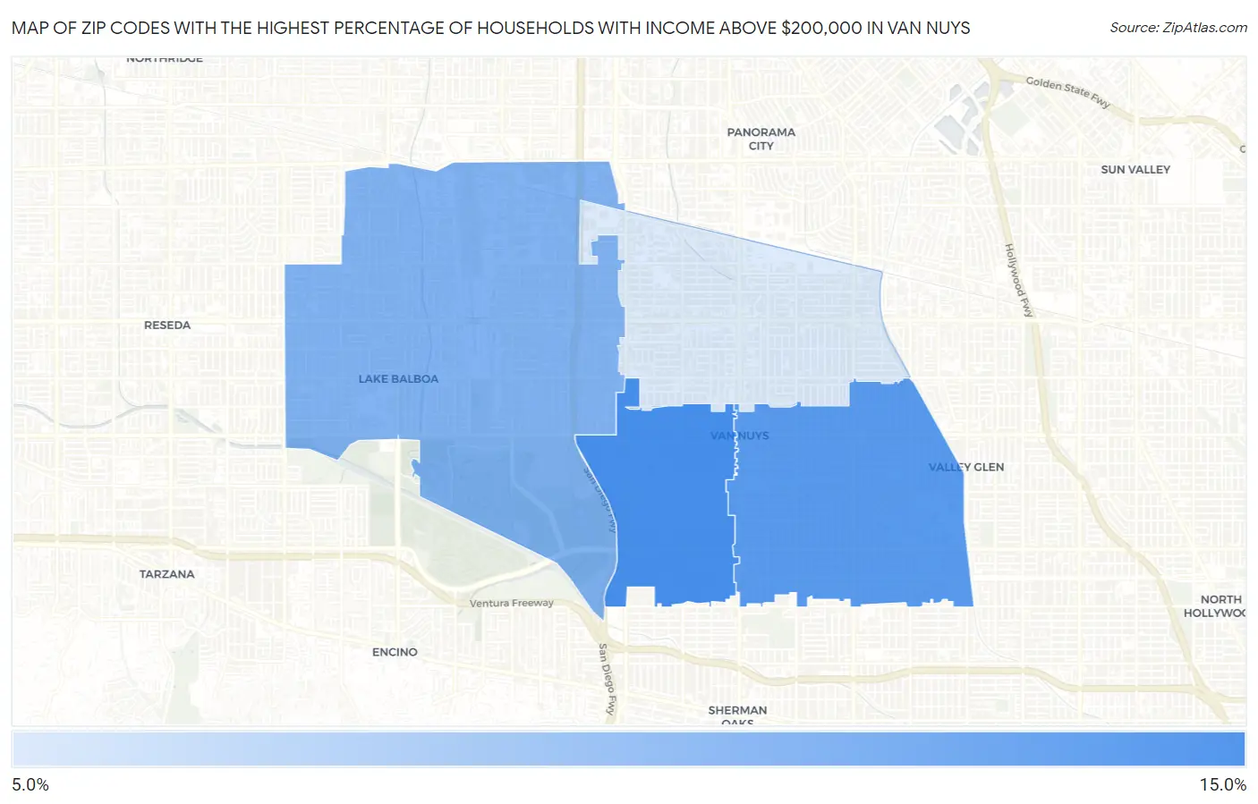 Zip Codes with the Highest Percentage of Households with Income Above $200,000 in Van Nuys Map