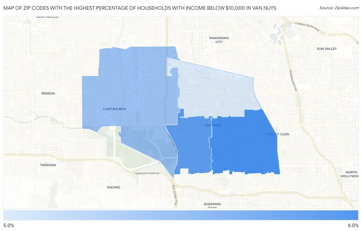 Zip Codes with the Highest Percentage of Households with Income Below $10,000 in Van Nuys Map