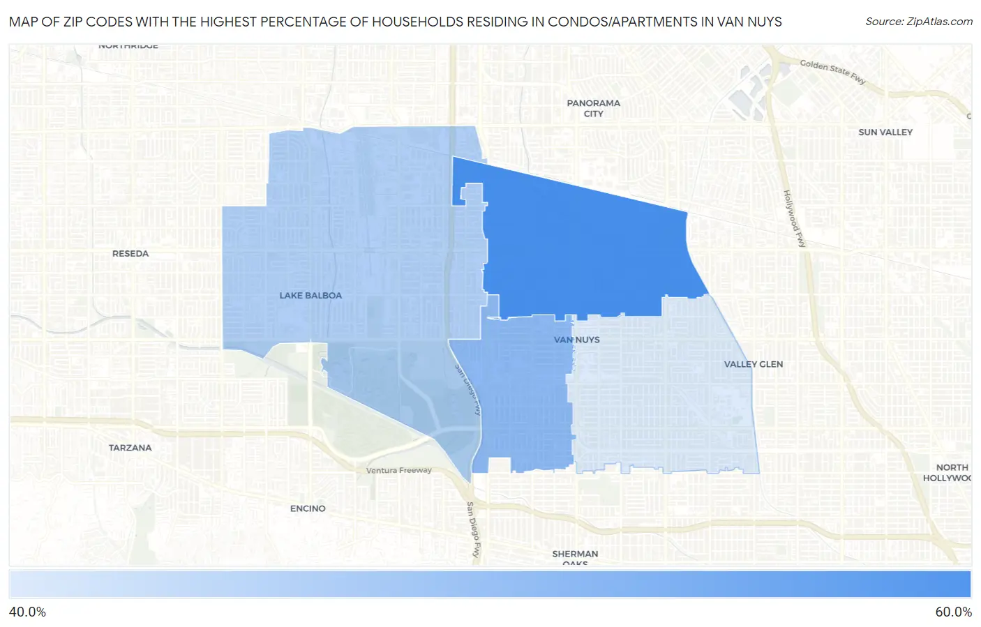 Zip Codes with the Highest Percentage of Households Residing in Condos/Apartments in Van Nuys Map