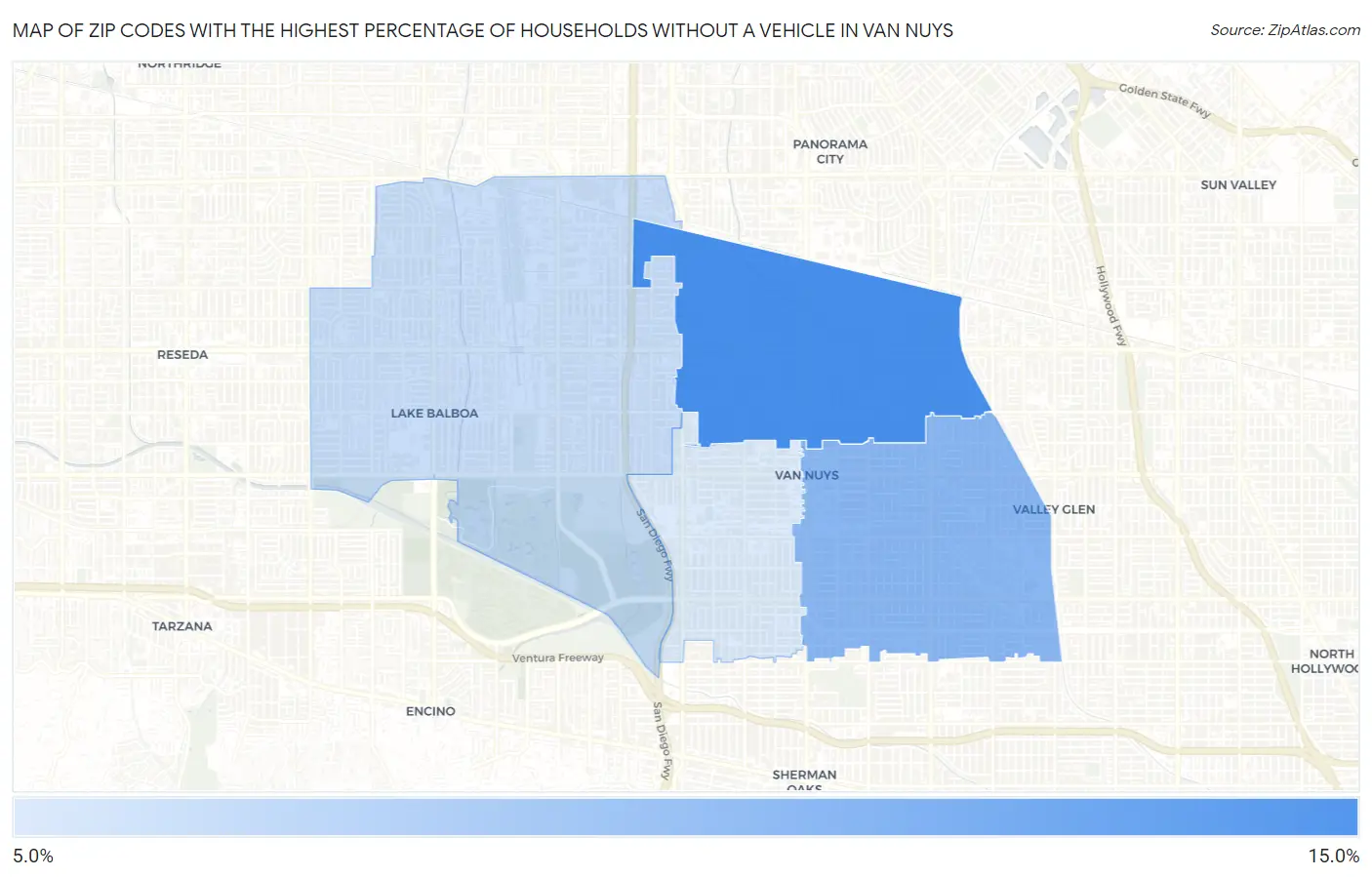 Zip Codes with the Highest Percentage of Households Without a Vehicle in Van Nuys Map