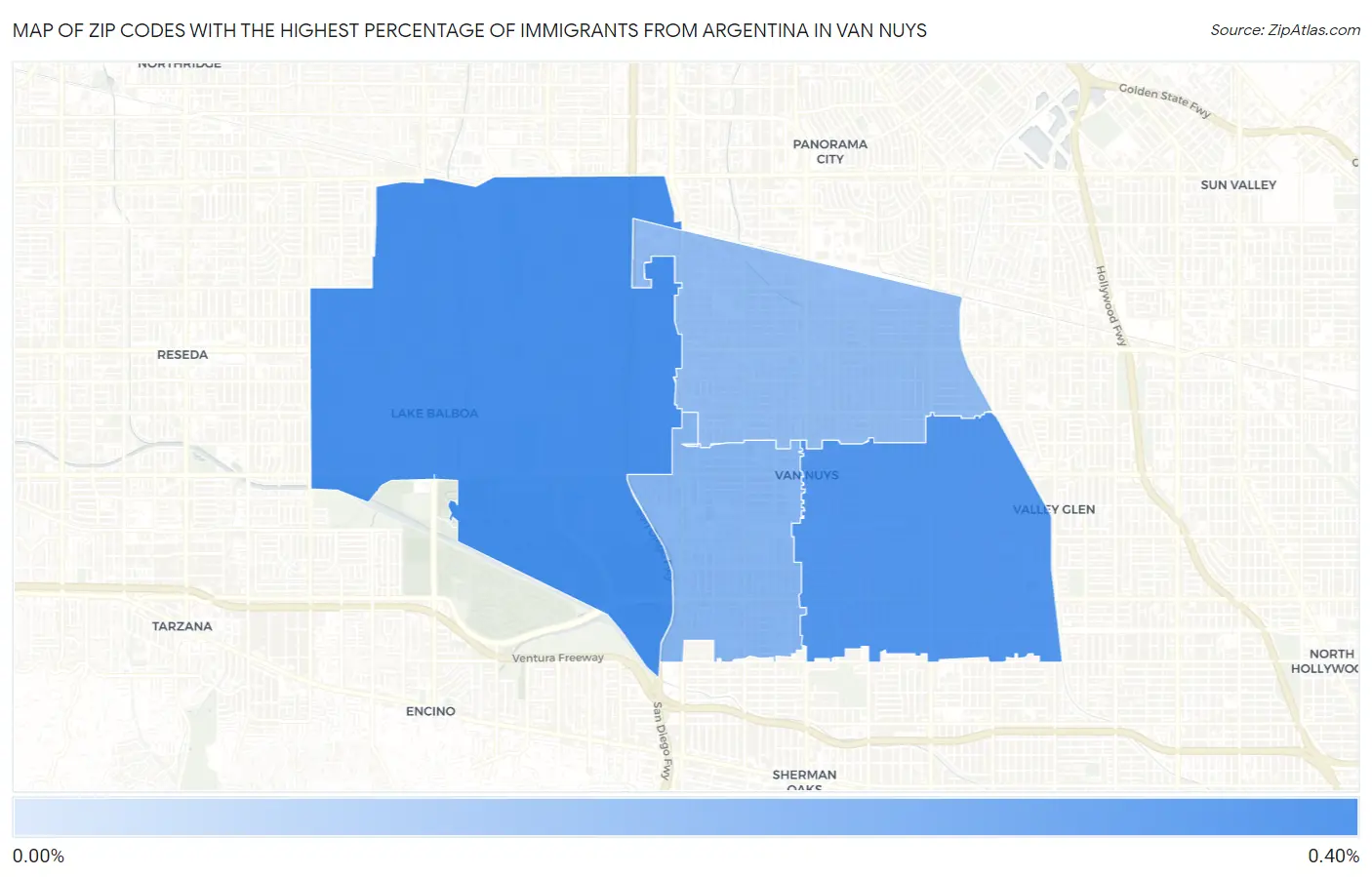 Zip Codes with the Highest Percentage of Immigrants from Argentina in Van Nuys Map