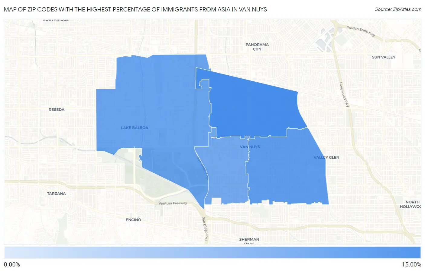 Zip Codes with the Highest Percentage of Immigrants from Asia in Van Nuys Map
