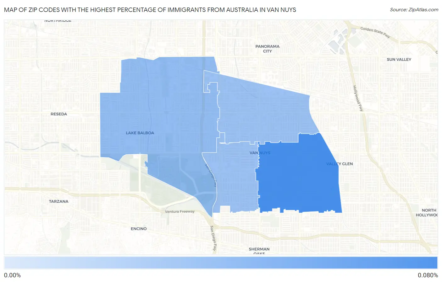 Zip Codes with the Highest Percentage of Immigrants from Australia in Van Nuys Map
