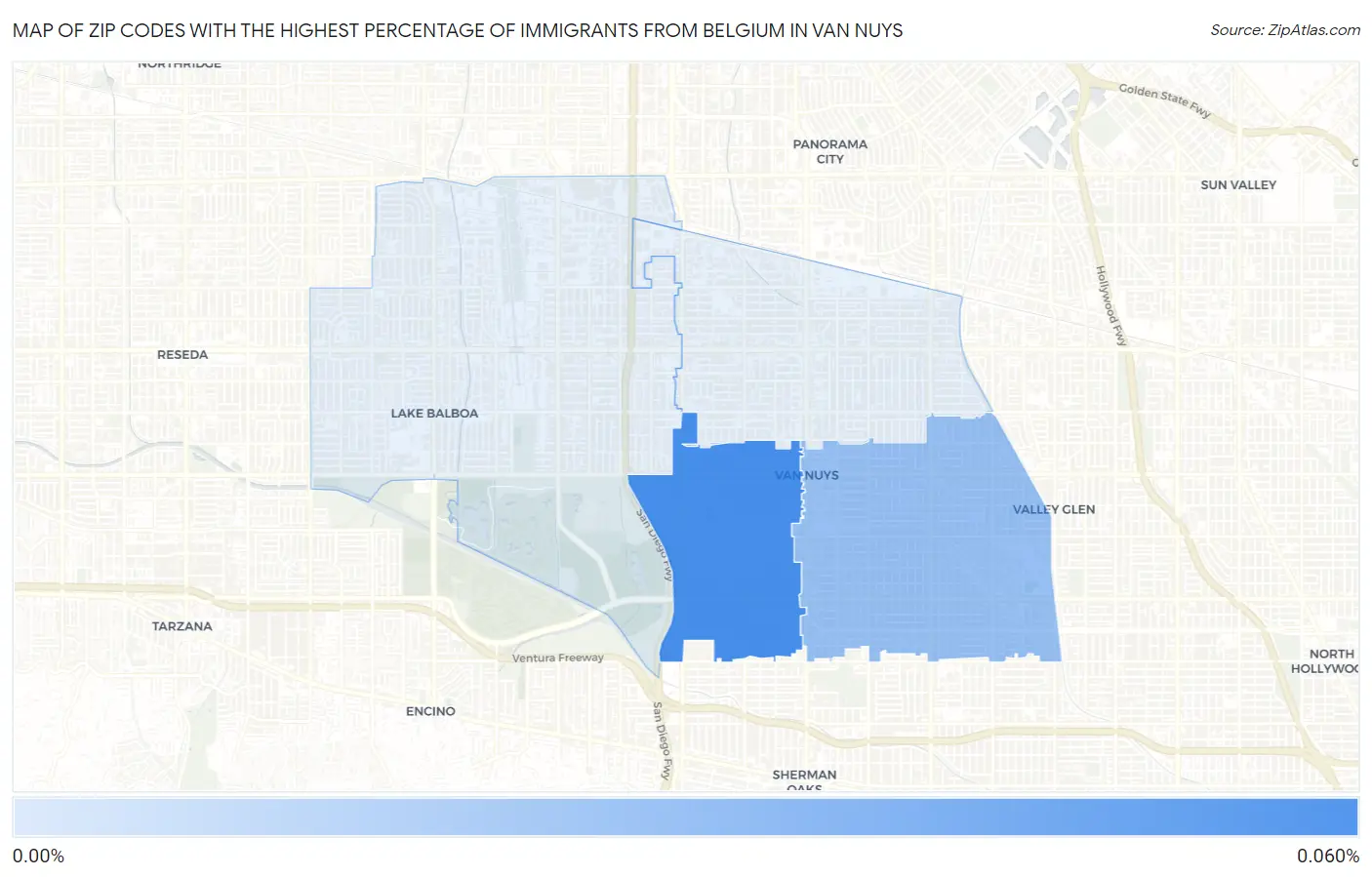Zip Codes with the Highest Percentage of Immigrants from Belgium in Van Nuys Map