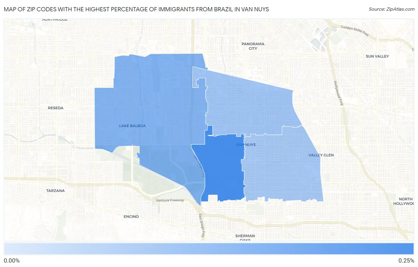 Zip Codes with the Highest Percentage of Immigrants from Brazil in Van Nuys Map