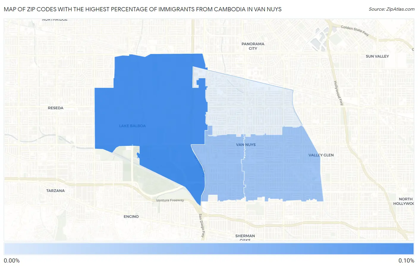Zip Codes with the Highest Percentage of Immigrants from Cambodia in Van Nuys Map