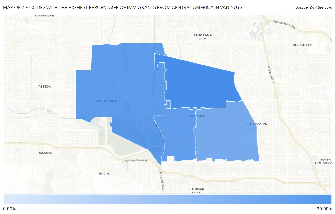 Zip Codes with the Highest Percentage of Immigrants from Central America in Van Nuys Map