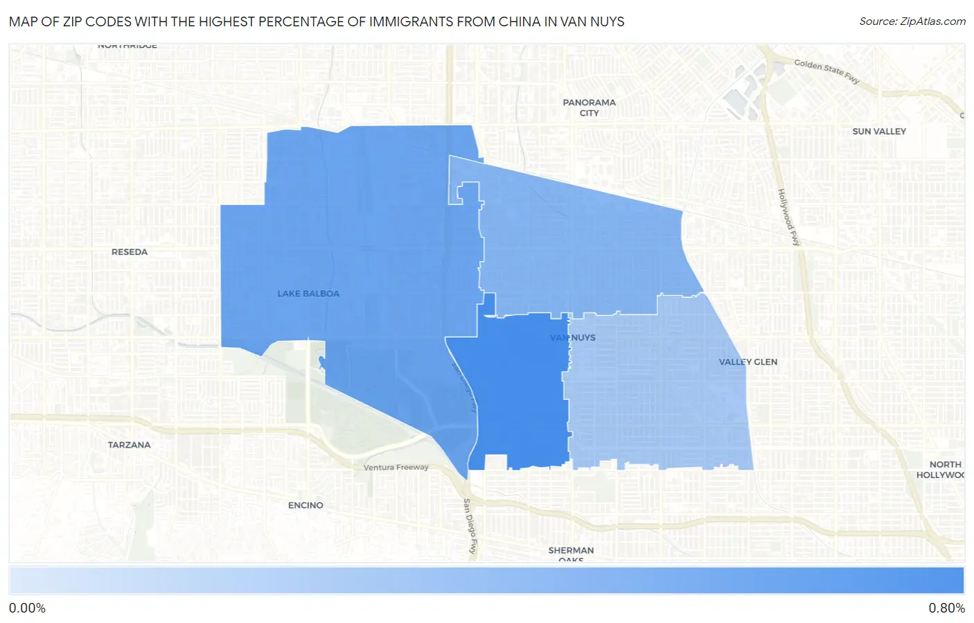 Zip Codes with the Highest Percentage of Immigrants from China in Van Nuys Map