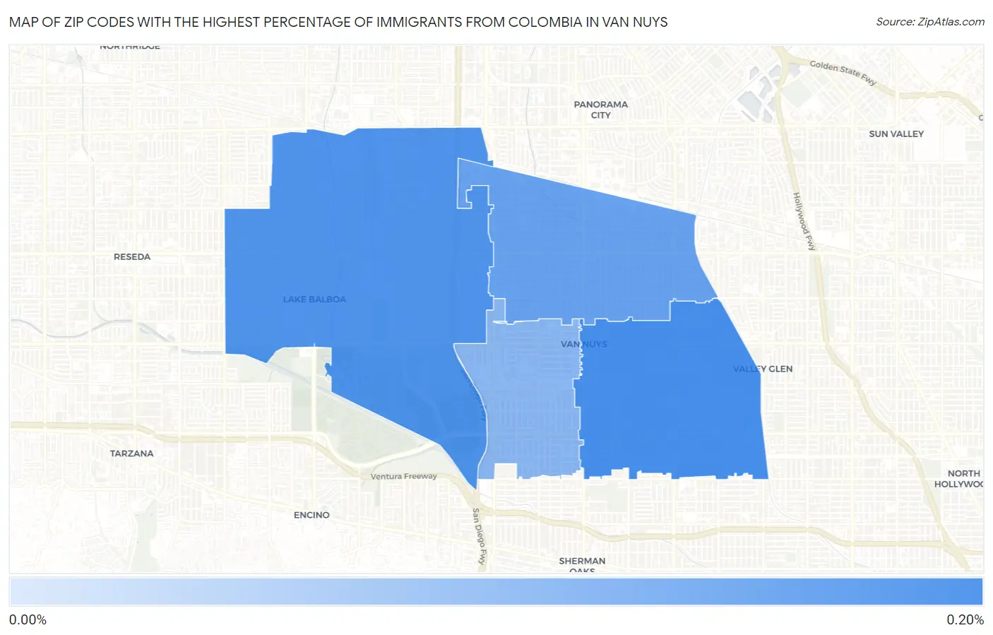 Zip Codes with the Highest Percentage of Immigrants from Colombia in Van Nuys Map
