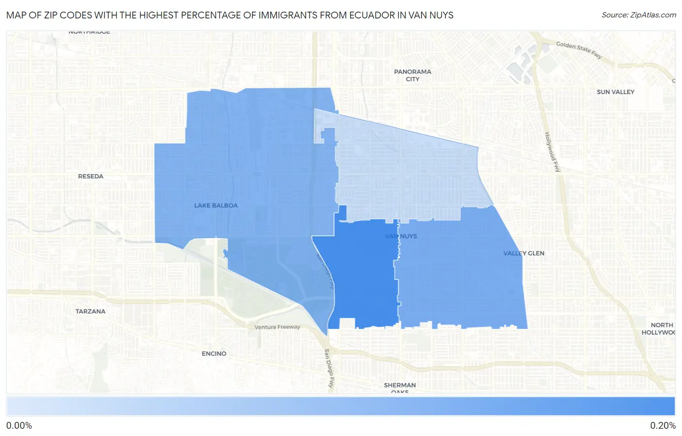 Zip Codes with the Highest Percentage of Immigrants from Ecuador in Van Nuys Map