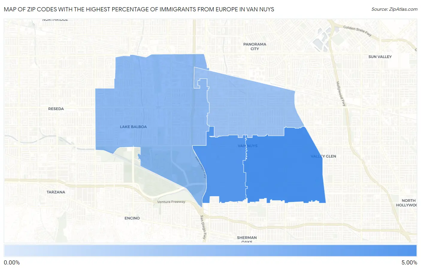 Zip Codes with the Highest Percentage of Immigrants from Europe in Van Nuys Map