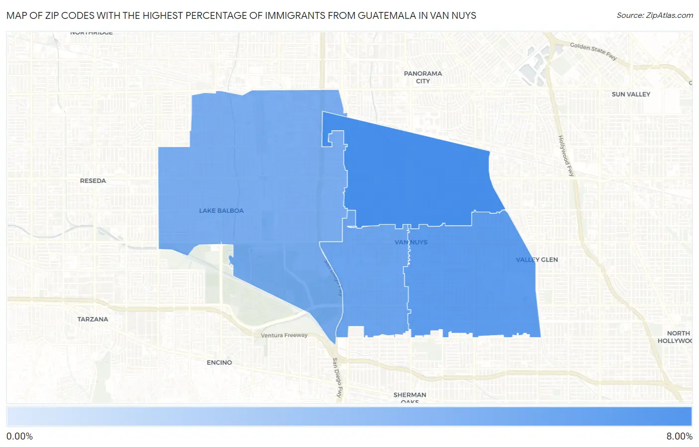 Zip Codes with the Highest Percentage of Immigrants from Guatemala in Van Nuys Map