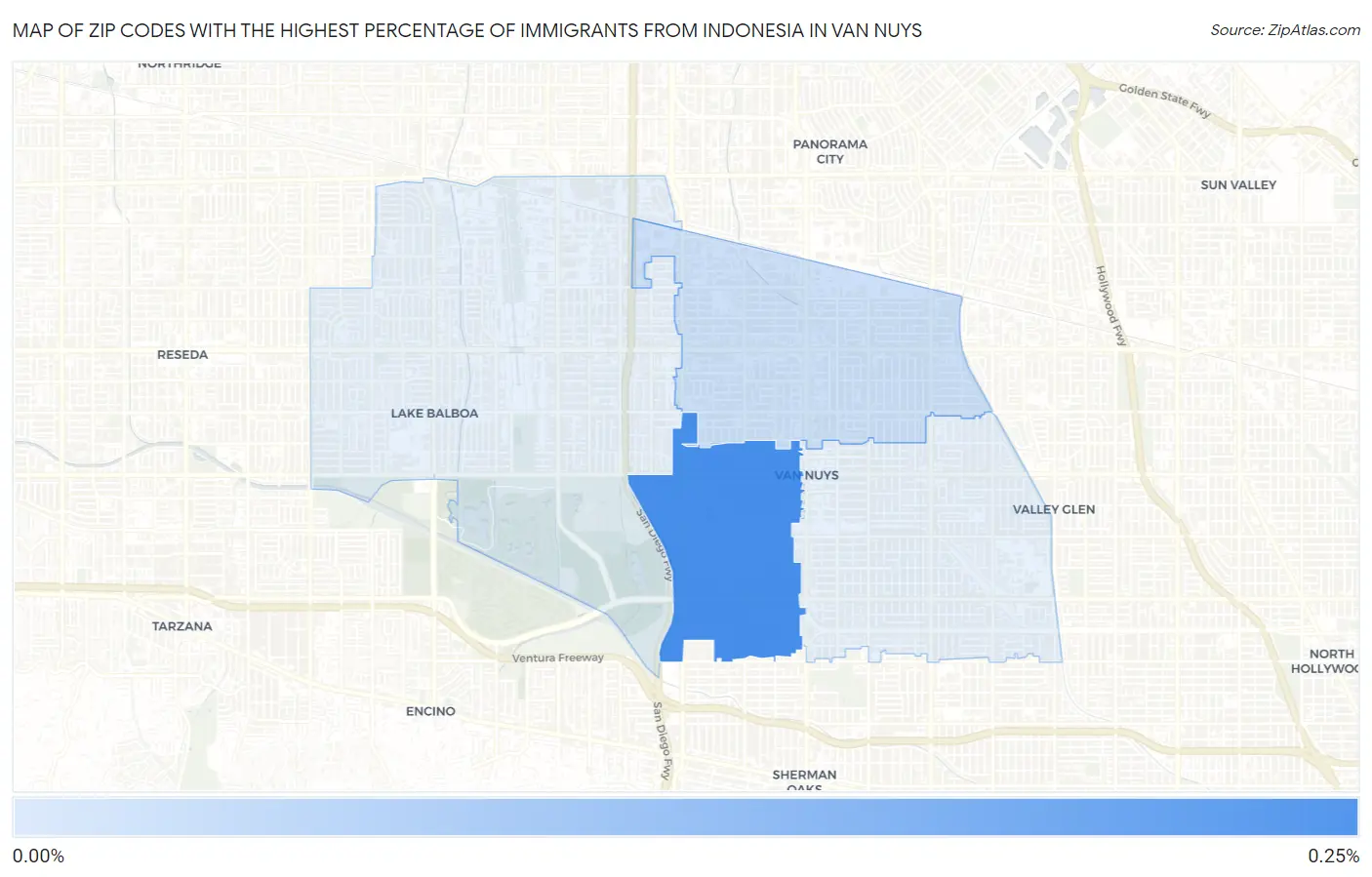 Zip Codes with the Highest Percentage of Immigrants from Indonesia in Van Nuys Map