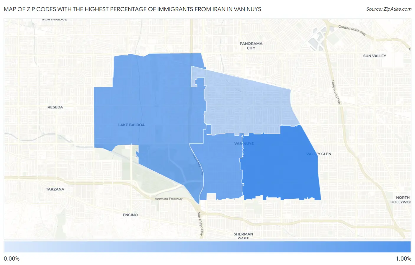 Zip Codes with the Highest Percentage of Immigrants from Iran in Van Nuys Map