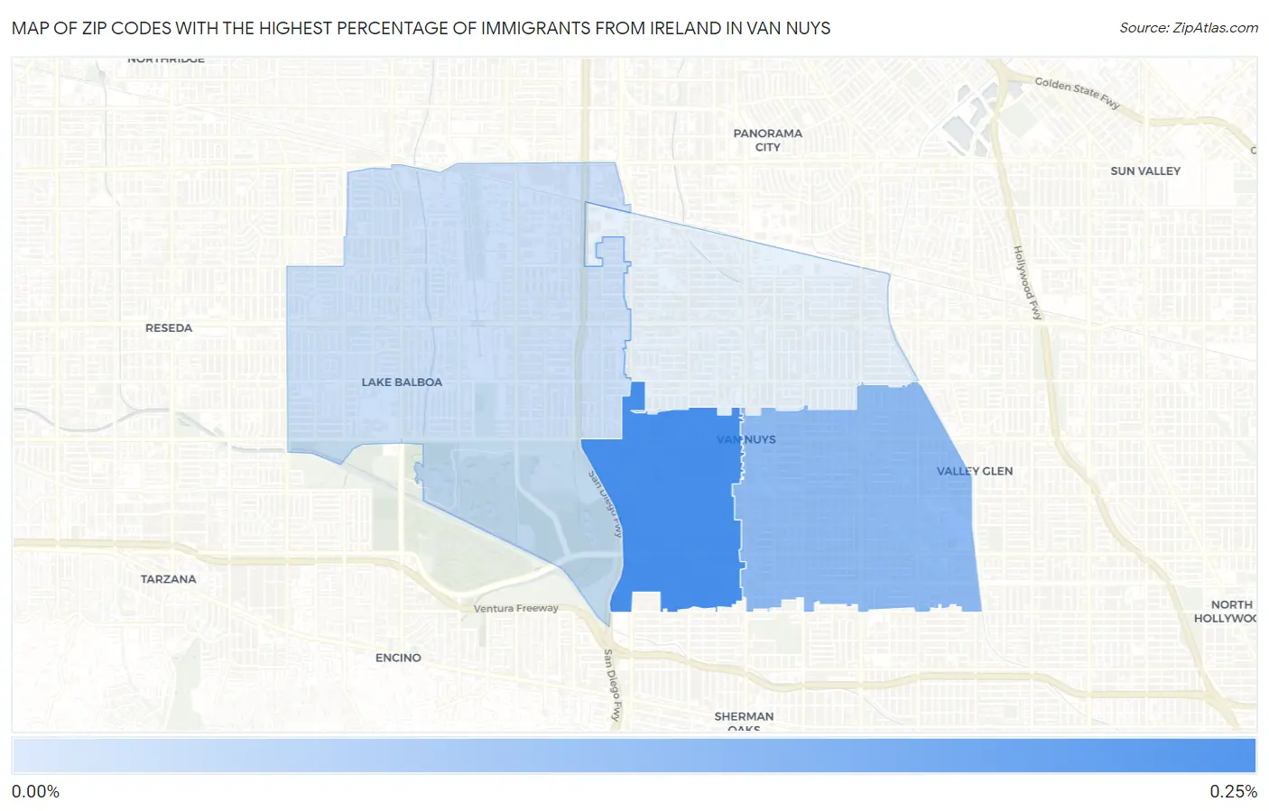 Zip Codes with the Highest Percentage of Immigrants from Ireland in Van Nuys Map