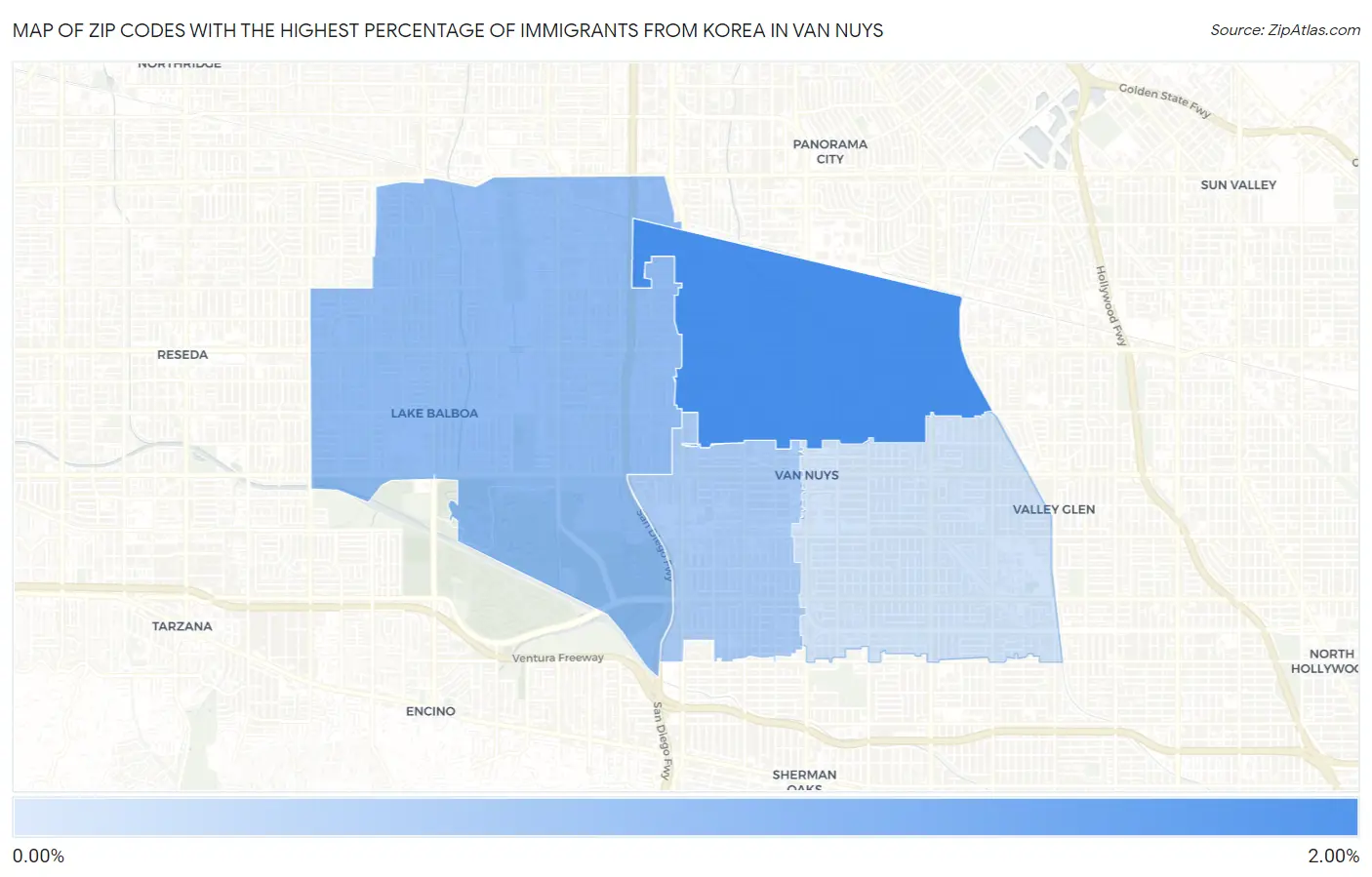 Zip Codes with the Highest Percentage of Immigrants from Korea in Van Nuys Map