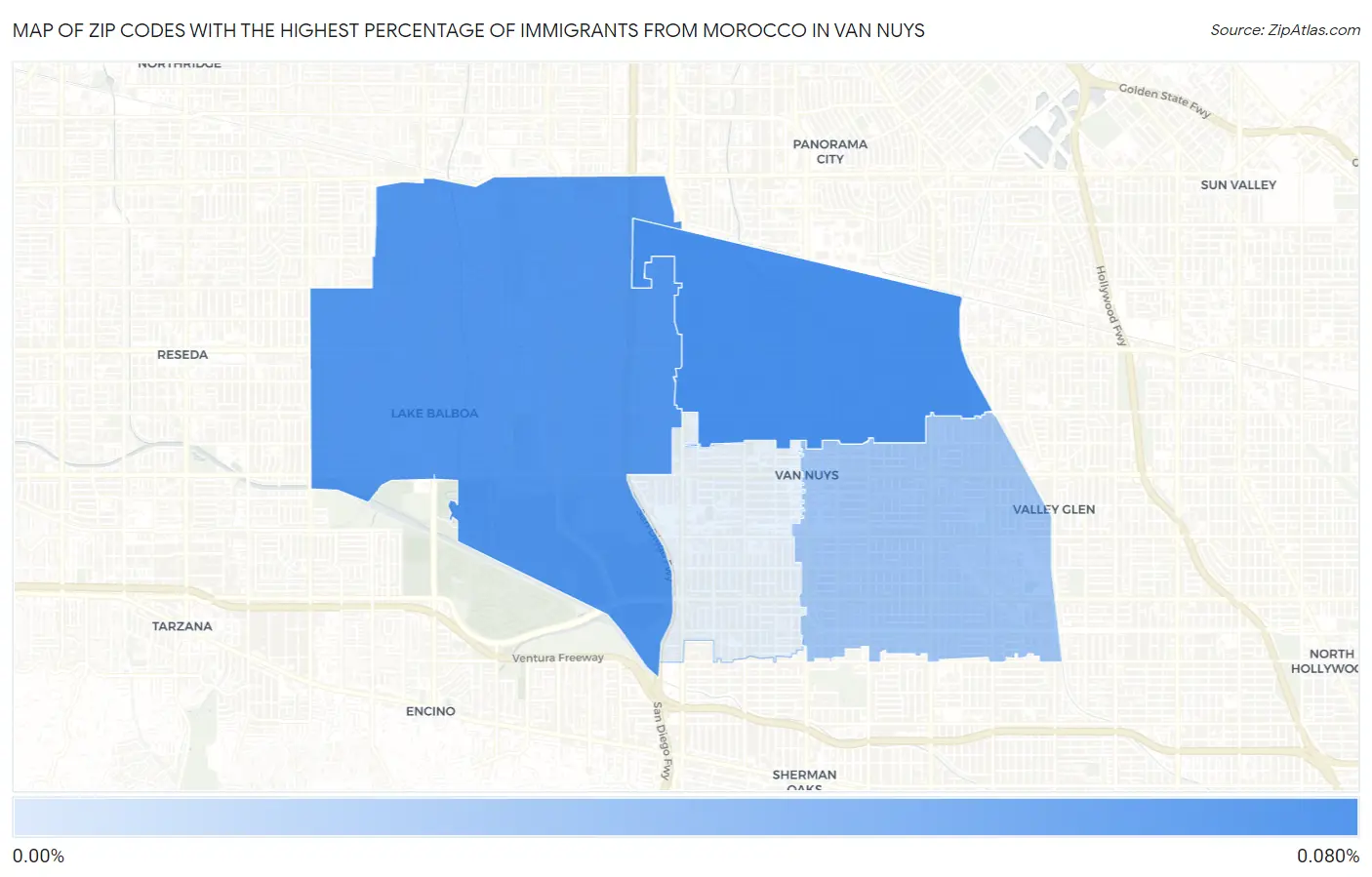 Zip Codes with the Highest Percentage of Immigrants from Morocco in Van Nuys Map