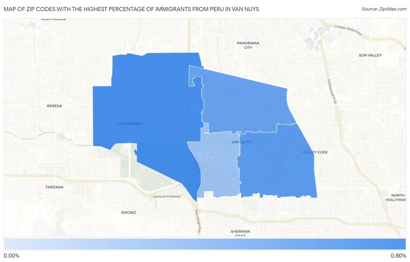 Zip Codes with the Highest Percentage of Immigrants from Peru in Van Nuys Map