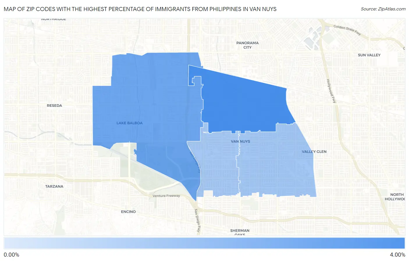 Zip Codes with the Highest Percentage of Immigrants from Philippines in Van Nuys Map